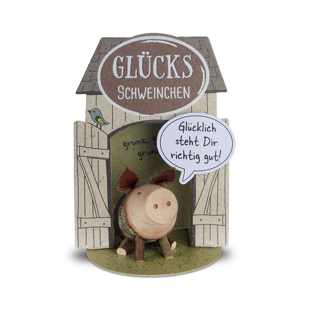 Glücksschweinchen sitzend: "Glücklich steht..." Glücksschweinchen sitzend: "Glücklich steht..."