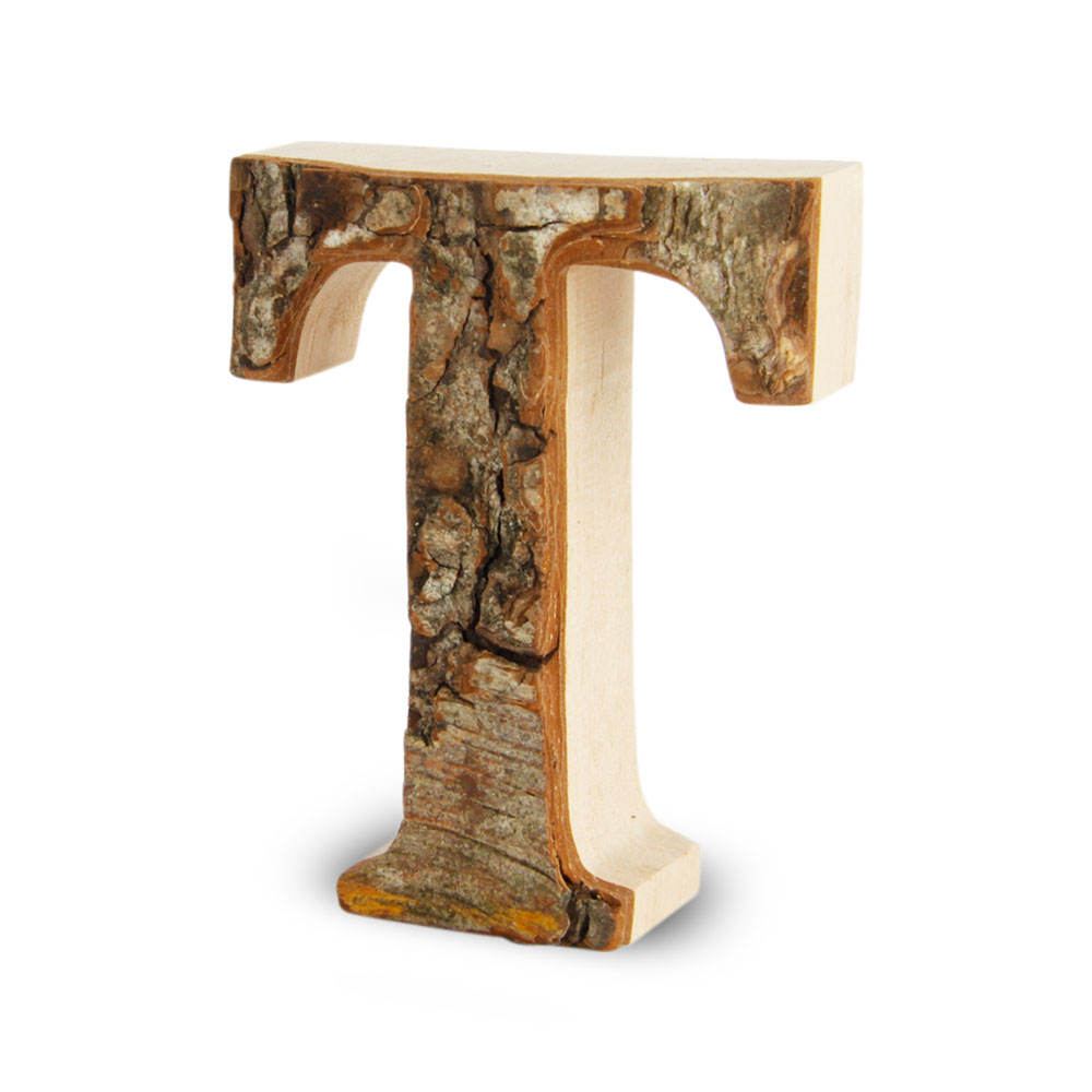 Holzbuchstabe mit Rinde: T Holzbuchstabe mit Rinde: T