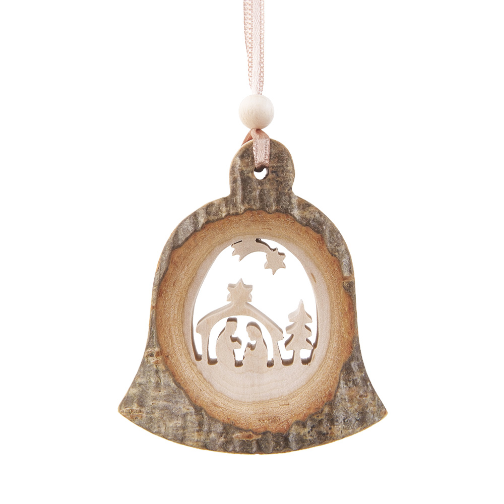 Rindenanh. Gr. 2 Glocke Motiv: Krippe mit Komet Rindenanh. Gr. 2 Glocke Motiv: Krippe mit Komet