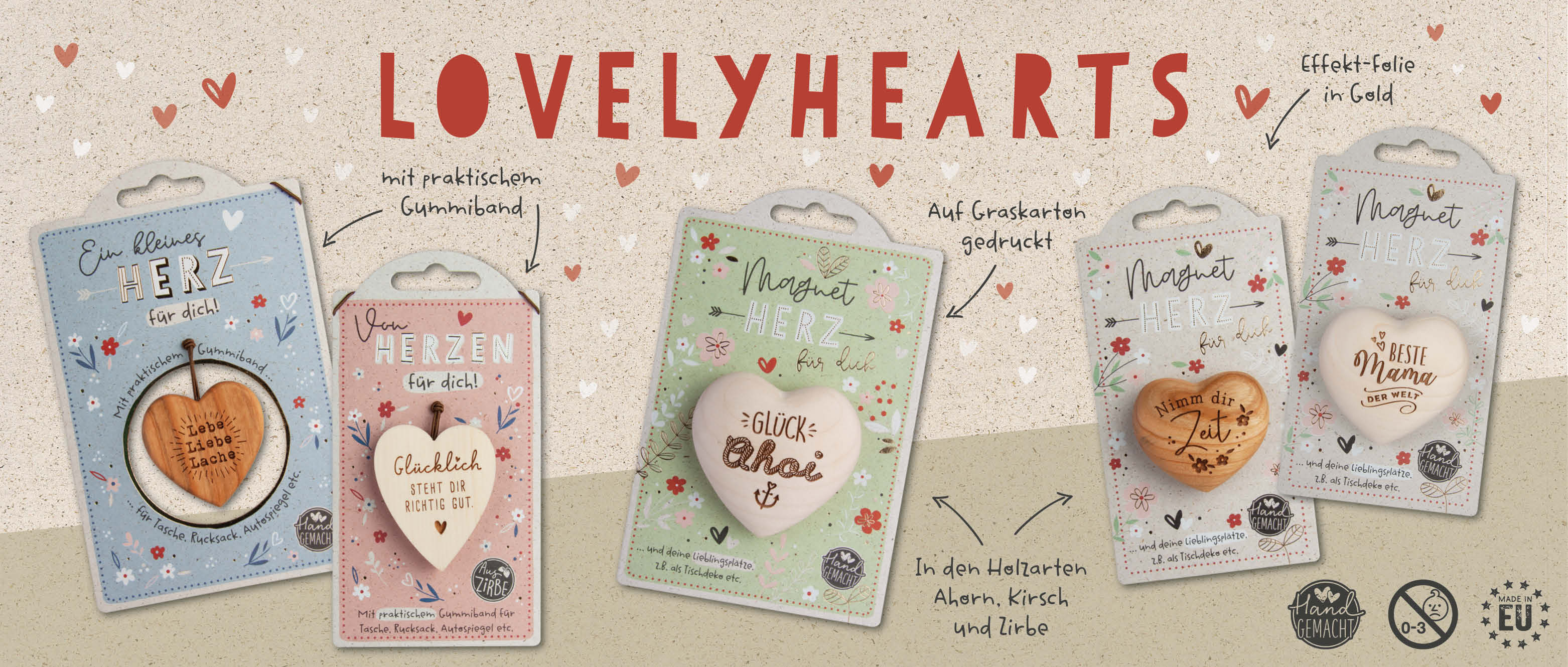 Waldfabrik LovelyHearts -  fein gravierte Holzherzen mit liebevollen Botschaften und glänzend veredelter Trägerkart