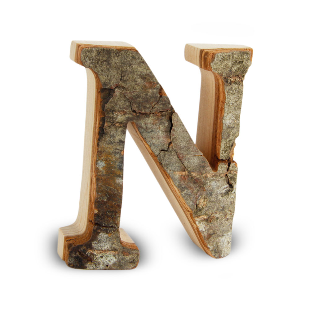 Holzbuchstabe mit Rinde: N Holzbuchstabe mit Rinde: N