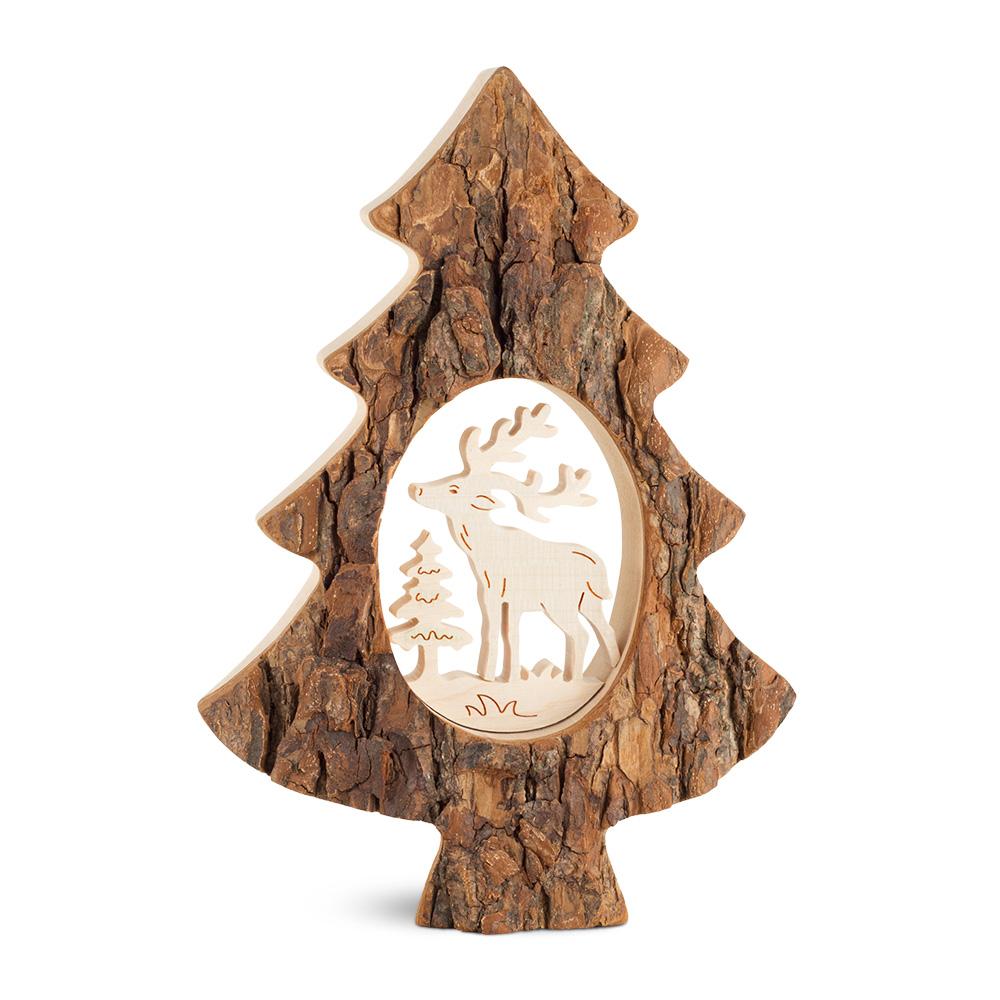 Rindenbaum mit gesägtem Ahornmotiv: Hirsch Rindenbaum mit gesägtem Ahornmotiv: Hirsch