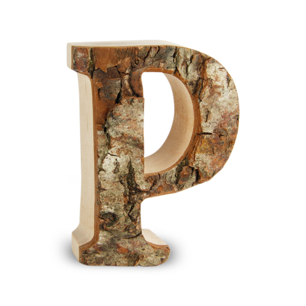 Holzbuchstabe mit Rinde: P Holzbuchstabe mit Rinde: P