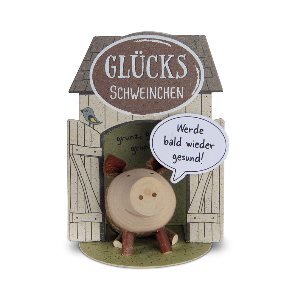Glücksschweinchen sitzend: "Werde bald wieder..." Glücksschweinchen sitzend: "Werde bald wieder..."