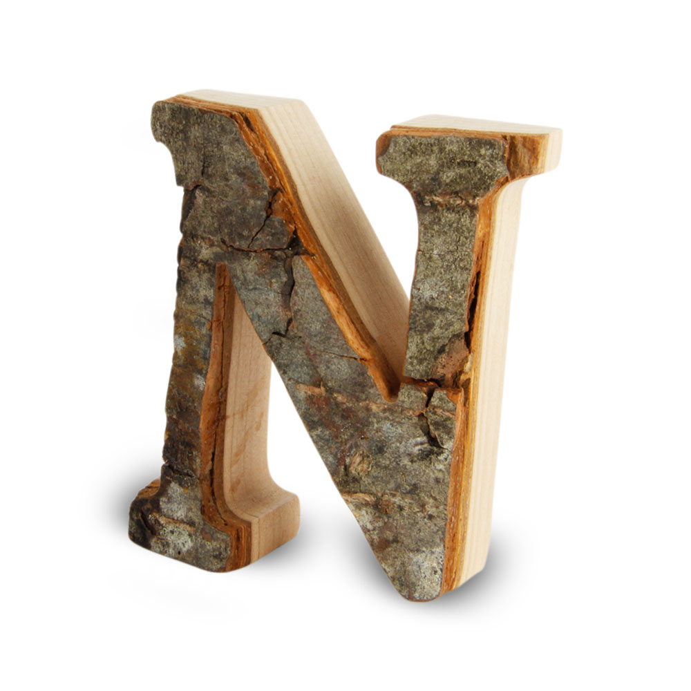 Holzbuchstabe mit Rinde: N Holzbuchstabe mit Rinde: N
