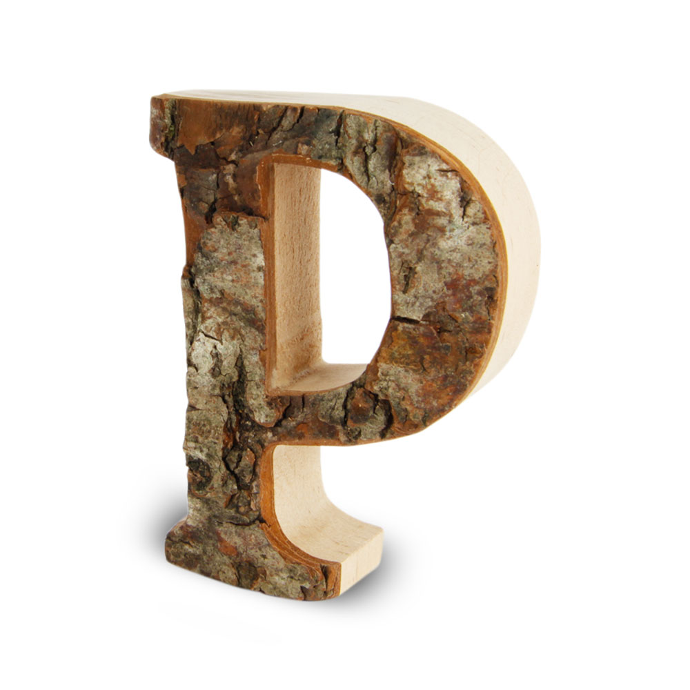 Holzbuchstabe mit Rinde: P Holzbuchstabe mit Rinde: P