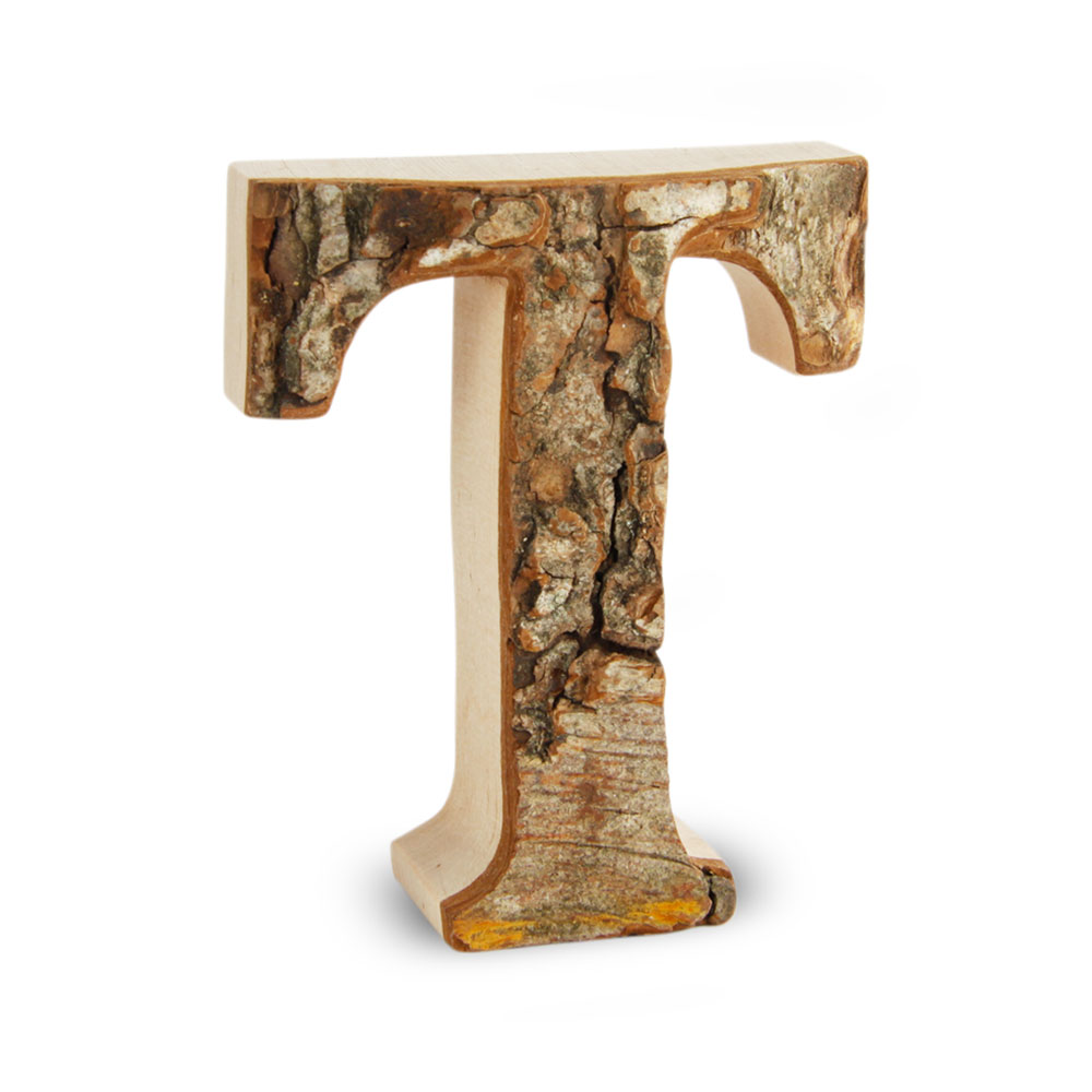 Holzbuchstabe mit Rinde: T Holzbuchstabe mit Rinde: T