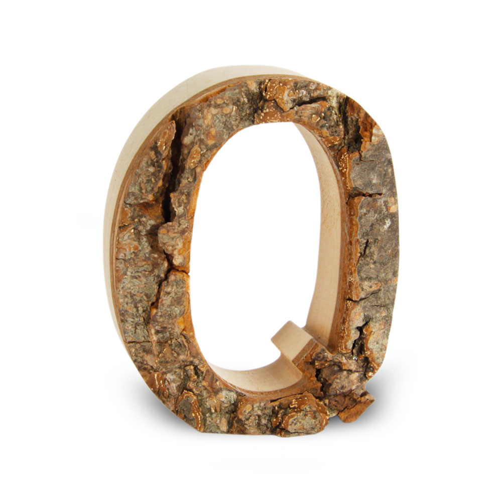 Holzbuchstabe mit Rinde: Q Holzbuchstabe mit Rinde: Q