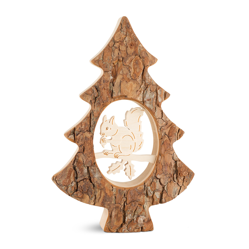 Rindenbaum mit gesägtem Ahornmotiv: Eichhörnchen Rindenbaum mit gesägtem Ahornmotiv: Eichhörnchen