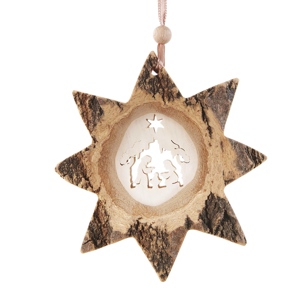 Rindenanh. Gr. 2 Stern Motiv: Krippe mit Stern Rindenanh. Gr. 2 Stern Motiv: Krippe mit Stern