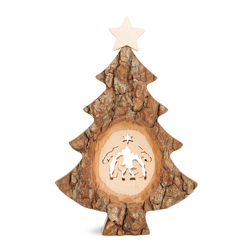 Weihnachtsbaum mit Sägemotiv: Krippe