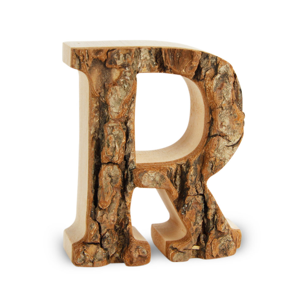 Holzbuchstabe mit Rinde: R Holzbuchstabe mit Rinde: R