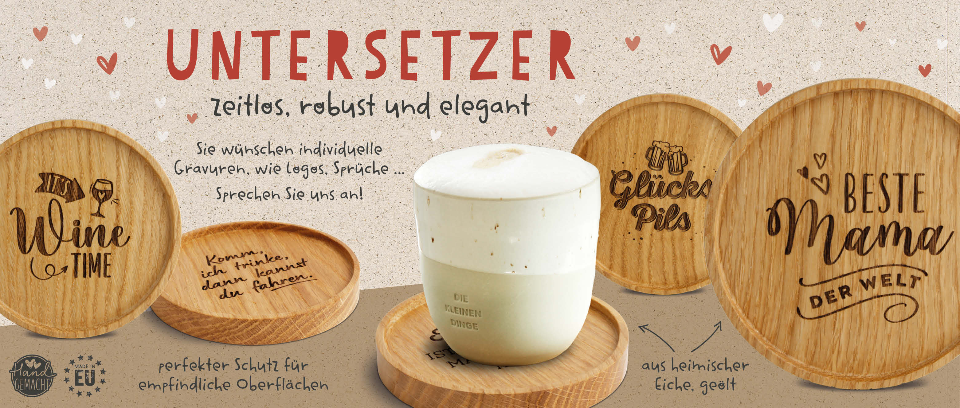 Waldfabrik Holzuntersetzer – über 50 Gravur-Designs, personalisierbar, handgefertigt Glas-Untersetzer mit Gravur – über 50 verschiedene Designs, handgefertigt, zeitlos, robust und elegant