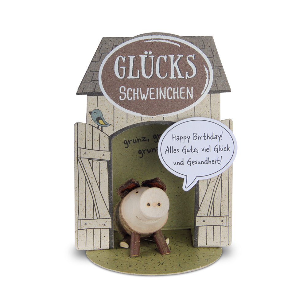 Glücksschweinchen sitzend: "Happy Birthday..." Glücksschweinchen sitzend: "Happy Birthday..."